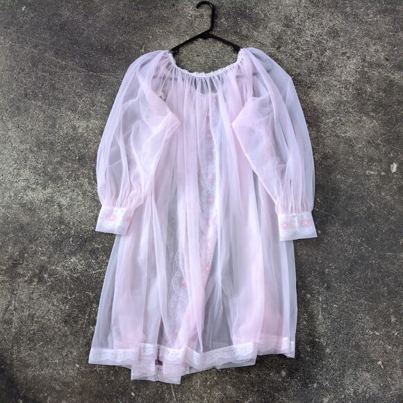 Vintage 60s Miss Elaine Pink Chiffon Peignoir Set Robe & Gown - Picture 5 of 8